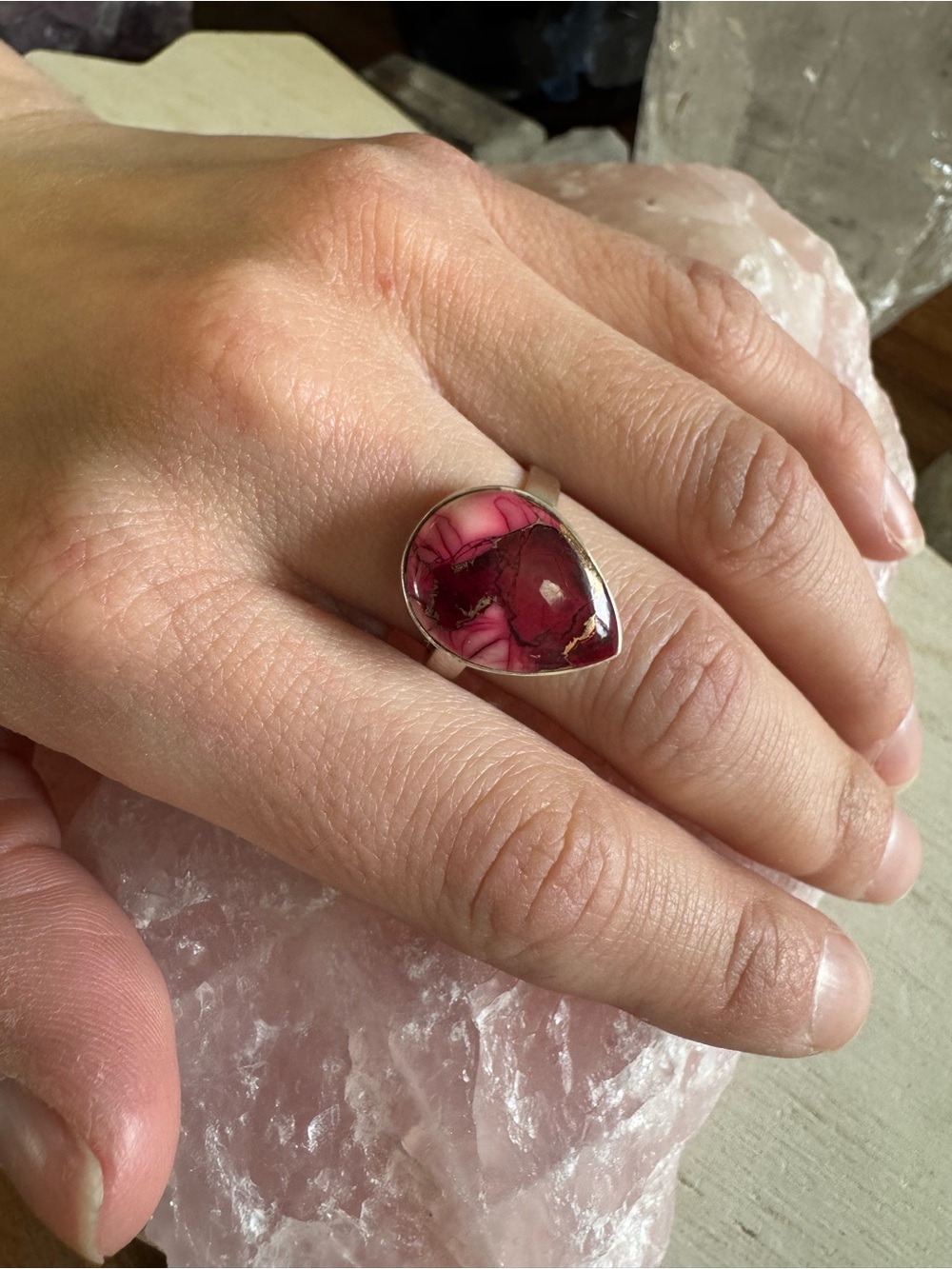 Rose Dahlia Sterling Silver Teardrop Ring - Size 8